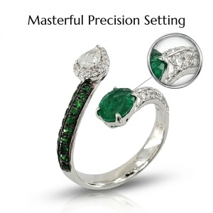 Bague Bypass en Or Blanc 18K avec Émeraude Ovale et Diamant Poire, Halo Vert Intense, Bijoux de Mariée Sur Mesure pour Cadeau d'Anniversaire - Product Image 2