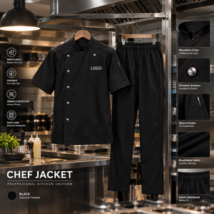 Veste de chef unisexe à manches courtes noire avec logo personnalisé, boutonnée sur le devant, uniforme de restaurant en sergé de polyester et coton, impression numérique, couture - Product Image 3