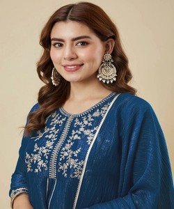 Salwar Kameez Dupatta de Seda Azul Bordado, Traje Tradicional para Mujer, Corte Regular, Secado Rápido, Estilo Pakistaní, para Fiestas, JJ-1025-85431 - Product Image 3