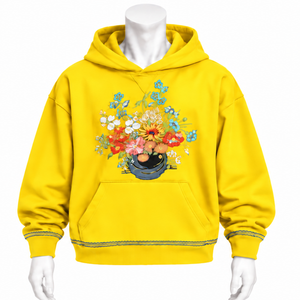 Sweat-shirt à capuche jaune avec broderie florale colorée, poche kangourou, coupe oversize, style streetwear décontracté - Product Image 1