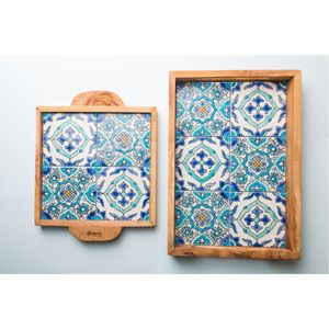 Ensemble de plateaux de service en bois faits à la main avec incrustations marocaines, plateaux décoratifs imbriqués pour table basse et décoration intérieure - Product Image 2