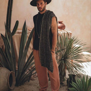 Ensemble tunique sans manches et chemise ample en feutre noir texturé à la main pour homme, style bohème, léger et respirant - Product Image 1