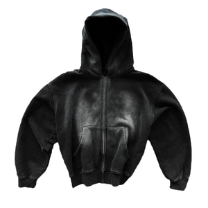 Custom Men's Acid Wash <b>Zip</b> Up Hoodie 100% Cotton Cropped Boxy Fit Oversized Sun Faded Rhinestone Screen Print Heavyweight Hoodie - Product Image 1