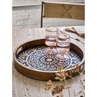 Plateau de service rond en bois de manguier fait main avec incrustation mandala, plateau de table basse en bois, plateau de cuisine décoratif avec poignées