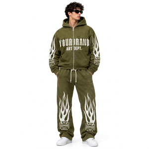 Conjunto de Sudadera con Capucha y Pantalones Deportivos de Felpa de Algodón Grueso Personalizado para Hombre, con Estampado Gráfico Vintage Lavado - Product Image 1