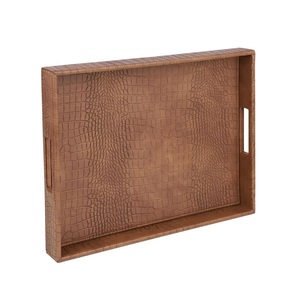 Brown Crocodile Texture Decorative Serving <b>Tray</b> Handmade Luxury Accent <b>Tray</b> with Raised Border and <b>Side</b> Handles for Coffee <b>Table</b> - Product Image 1