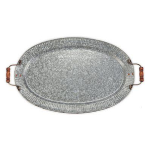 Plateau de service en métal galvanisé de style moderne avec poignées en bois, plat décoratif ovale en fer pour la table, la cuisine et la décoration de la maison - Product Image 1