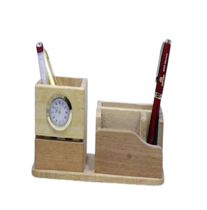 Natural Wood Pen Stand With <b>Clock</b> Wooden Desktop Pen Holder with <b>Clock</b> for Home Office - Product Image 1