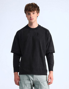 เสื้อยืดผ้าฝ้ายสีดำขนาดใหญ่พิเศษสำหรับผู้ชาย แขนยาว สีพื้น ผ้าถัก สไตล์ฤดูใบไม้ผลิ - Product Image 1
