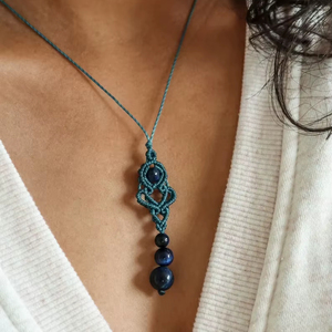 Handmade Macrame Lapis Lazuli <b>Necklace</b> Blue Gemstone Teal Cord Boho <b>Statement</b> Healing Jewelry Wholesale Gift - Product Image 1