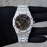 Montre squelette à quartz analogique en acier inoxydable, sertie de moissanite, style hip-hop, de luxe, vintage, la plus vendue
