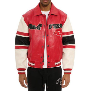 Avirex Men's Red PU <b>Leather</b> Varsity <b>Jacket</b> with Black and White Striped Sleeves Turn-down Collar Button Closure Casual Autumn - Product Image 3