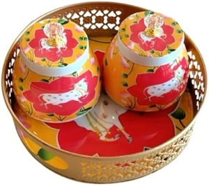 Juego de Jarrones Pichwai de Metal de Lujo con Bandeja, Acabado Antiguo, Estilo Étnico, Jarrón Decorativo para el Hogar, Decoración de Templos y Regalos - Product Image 1