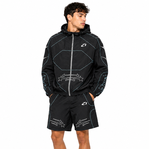 Men's Black Custom <b>Reflective</b> Windbreaker <b>Jacket</b> and Shorts Lightweight Hooded <b>Running</b> Tracksuit OEM Sportswear Hoodies Outfit - Product Image 1