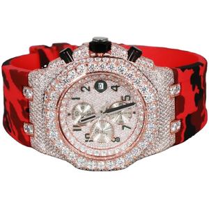 Reloj Cronógrafo de Lujo con Moissanita VVS 100% Probada con Diamantes, Correa Roja Camuflada, Estilo Hip Hop, Cristal, Acero Inoxidable, Cuarzo, Resistente al Agua - Product Image 1