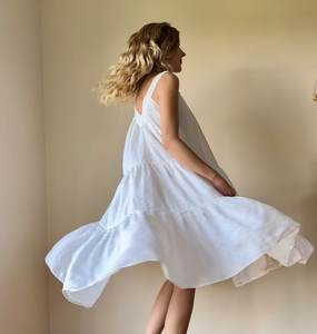 Robe mi-longue fluide sans manches en coton et lin blanc pour femme, style décontracté d'été, coupe trapèze - Product Image 5