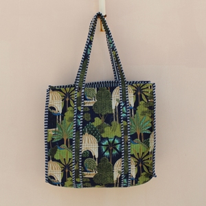 Handcrafted Jungle Themed Peacock/Cage Pattern 100% Cotton Quilted <b>Long</b> Handle Lightweight Multi-Use Tote <b>Bag</b> for Travel & Shopp - Product Image 5