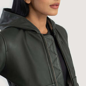 Furat Leathers Green Hooded Sheep Skin Leather Eco-Friendly Quilted Breathable Winter Women's <b>Biker</b> <b>Jacket</b> Stand Detachable - Product Image 4