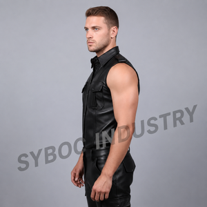 Black Leather Sleeveless Shirt Cut <b>Off</b> Button Front Mens Leather Vest Muscle Tank Top for Festival and Rave Wear - Product Image 2