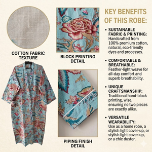 ชุดกิโมโนผ้าฝ้ายลายดอกสีครามพรีเมียมสำหรับผู้หญิง |   ชุดคลุมอาบน้ำพิมพ์ลายด้วยมือพร้อมกระเป๋า |   ชุดนอนแขนยาวคอวี - Product Image 5