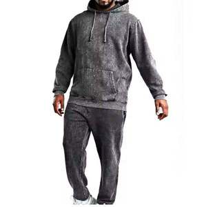 Custom High Quality Acid <b>Wash</b> Heavyweight 100% Cotton <b>Tech</b> Fleece Oversized Tracksuit Hoodie and Sweatpants Set for Men - Product Image 1