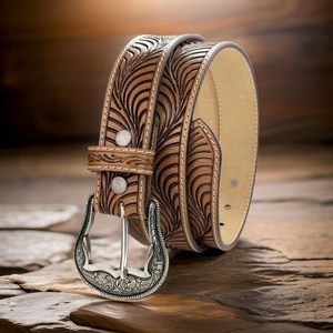 Western Style Embossed Leather Belt for Men Brown <b>Tooled</b> Floral Pattern Cowboy Waistband with <b>Engraved</b> Silver Buckle - Product Image 1