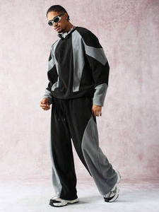 Ensemble survêtement homme 2 pièces noir et gris à blocs de couleur, sweat-shirt col rond et pantalon de survêtement large - Product Image 5