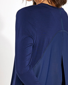 Lightweight Women's Navy Blue Crew Neck Long Sleeve Yoga <b>Top</b> Open <b>Back</b> Breathable Stretch Solid Color Skinny <b>Low</b> Cost - Product Image 5