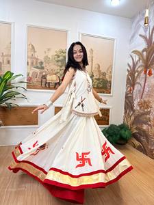 Traditional Indian Women's White Cotton <b>Lehenga</b> Set With <b>Red</b> Swastika Print Floor-Length Loose Fit For Diwali Occasion - Product Image 4