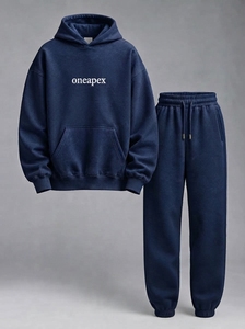 Ensemble de survêtement bleu marine pour homme, sweat à capuche et pantalon de survêtement oversize, streetwear, broderie personnalisée du logo, coton lourd - Product Image 5
