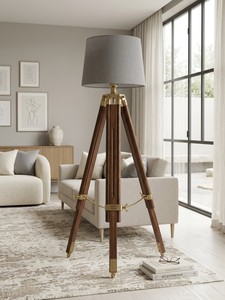 Lámpara de Pie Industrial de Madera con Trípode, Certificación Europea SAA, Pantalla de Tela Gris, Altura Ajustable, Base E27, Luz Blanca Cálida de 2700K - Product Image 4