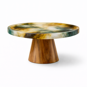 Support à gâteau en résine beige avec base en bois, élégant plateau rond pour servir, idéal pour les mariages, les fêtes, la décoration de la maison, support unique pour présenter les gâteaux - Product Image 6