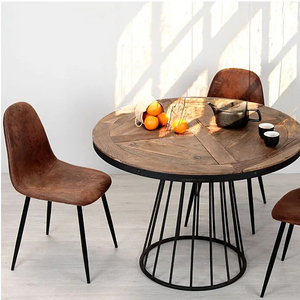 Mesa de Comedor para Exterior de Estilo Jaula Metálica Redonda con Diseño de Listones de Madera Reciclada Industrial y Base con Recubrimiento de Polvo Negro para Cafetería o Bar - Product Image 3