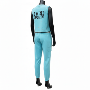 Ensemble sans manches pour femme en maille polyester élasthanne de haute qualité, pantalon cargo à empiècements latéraux, logo personnalisé thermocollé avec strass, ensembles pour femme - Product Image 5