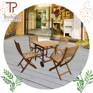 Wood Round <b>Dining</b> Table <b>Set</b> With 4 <b>Folding</b> Chairs Outdoor Garden Furniture Contemporary Design Durable Solid Wood Construction - Product Image 4