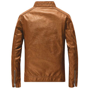 Blouson moto en cuir marron pour homme, col montant, fermeture éclair, coupe ajustée, longueur standard, couleur unie, vêtement d'extérieur - Product Image 5