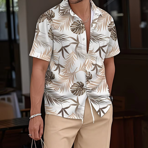 Conjunto de Camisa y Pantalones Cortos Casuales de Verano para Hombre, 100% Algodón Transpirable, con Estampado de Hojas de Coco - Product Image 1