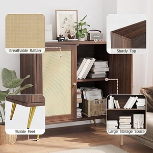Gabinete de dos puertas de madera de nogal y ratán con patas doradas, sala de estar elegante unidad de almacenamiento para, dormitorio y decoración de pasillo - Product Image 3