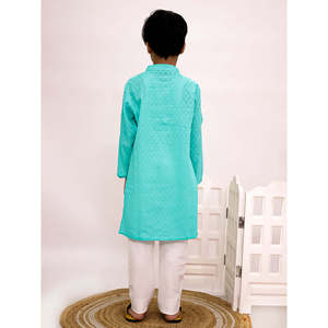 Kurta traditionnel indien en coton pour garçons avec pyjama bleu et blanc imprimé, manches longues, toutes tailles XS-XL, ensemble salwar cousu - Product Image 6