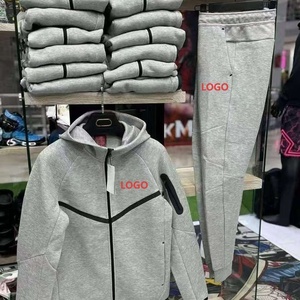 Conjunto Deportivo Informal Gris Jaspeado, Tejido, con Cremallera Completa, de Secado Rápido y con Capucha - Product Image 1