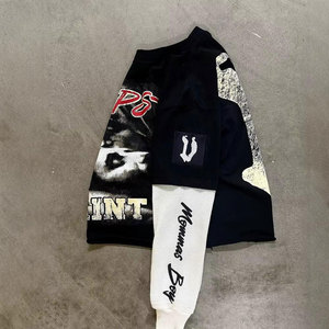 T-shirt noir surdimensionné à manches longues avec impression photo Saint 93 Streetwear, haut en coton tricoté à col rond pour homme - Product Image 5