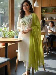 ชุดคุर्ติทรงตรงคอโอ ดีไซน์สวยงาม พร้อมกางเกงและผ้าคลุมไหล่ สำหรับงานเลี้ยงอาหารค่ำ/ชุดทำงาน เหมาะสำหรับผู้หญิง - Product Image 3
