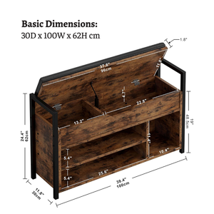 Banco de Almacenamiento de Zapatos Industrial con Caja de Almacenamiento Abatible, Organizador de 2 Niveles de Metal y Madera para Entrada, Dormitorio y Pasillo - Product Image 3