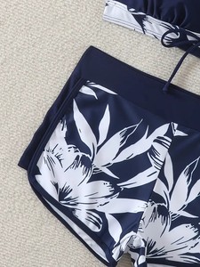 Conjunto de bikini con estampado floral para mujer, cuello halter, pantalones cortos con lazo en la parte delantera, traje de baño elástico para la playa - Product Image 5