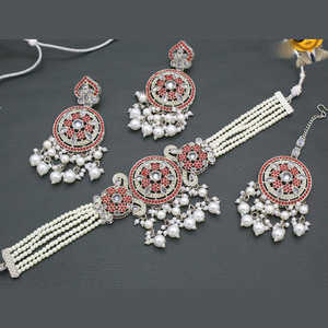 Ensemble de bijoux fins plaqué argent avec pierre de cristal et perles 10581266RD collier ras du cou - Product Image 1