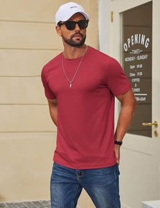 T-shirt à manches courtes pour homme, rouge uni, col rond, coupe classique, décontracté, 100% coton jersey tricoté - Product Image 5