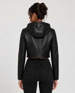 Black PU <b>Leather</b> Stand Collar Cropped <b>Blazer</b> Full Sleeve Minimalist Women's <b>Jacket</b> Autumn Style - Product Image 2