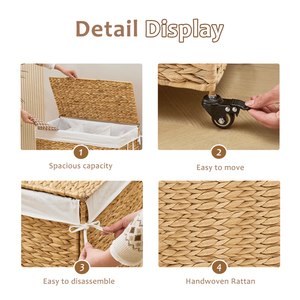 Cesto para Ropa Sucia de 160L, 3 Secciones, Tejido con Jacinto de Agua Natural, con Tapa y Ruedas, Diseño Rodante para Mayor Comodidad - Product Image 4