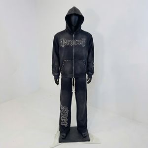 Black Studded <b>Zip</b> Hoodie Tracksuit Set Distressed Finish, Gothic Stud Embellishment, OEM/ODM Streetwear Manufacturer - Product Image 1