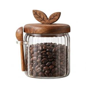Pot en verre avec couvercle en bois naturel, récipient de stockage alimentaire réutilisable, organisateur de garde-manger, pot de rangement pour bonbons, café, thé, épices - Product Image 1